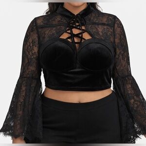 SHEIN Curve Black Lace Corset Crop Top 3XL Bell Sleeves Goth Y2K